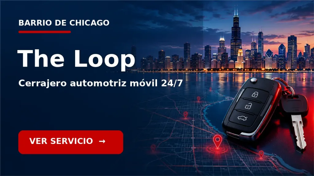 Tarjeta de cerrajero de carros en The Loop, Chicago, con skyline de Chicago y llave de carro. Servicio móvil 24/7.