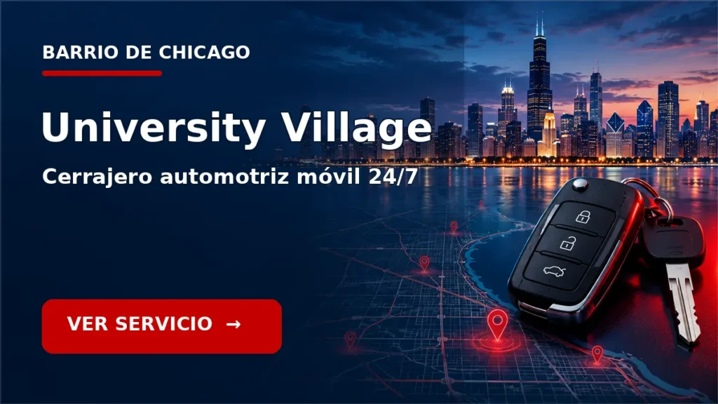 Tarjeta de cerrajero de carros en University Village, Chicago, con skyline de Chicago y llave de carro. Servicio móvil 24/7.