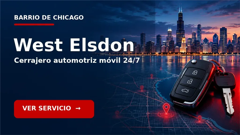 Tarjeta de cerrajero de carros en West Elsdon, Chicago, con skyline de Chicago y llave de carro. Servicio móvil 24/7.