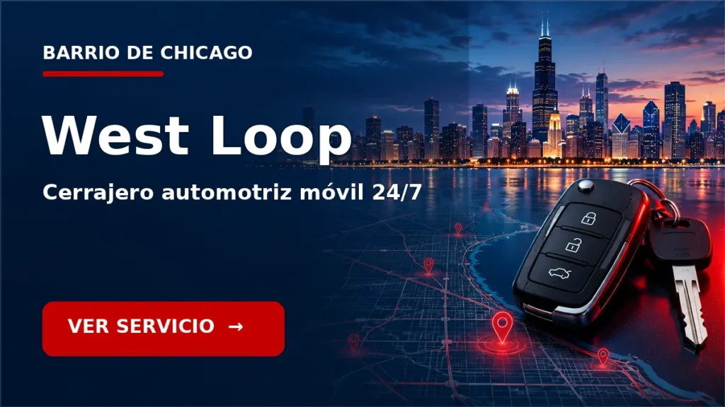 Tarjeta de cerrajero de carros en West Loop, Chicago, con skyline de Chicago y llave de carro. Servicio móvil 24/7.