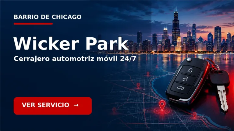 Tarjeta de cerrajero de carros en Wicker Park, Chicago, con skyline de Chicago y llave de carro. Servicio móvil 24/7.