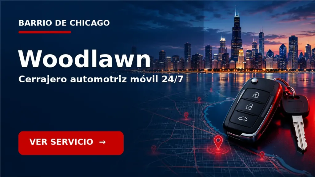 Tarjeta de cerrajero de carros en Woodlawn, Chicago, con skyline de Chicago y llave de carro. Servicio móvil 24/7.